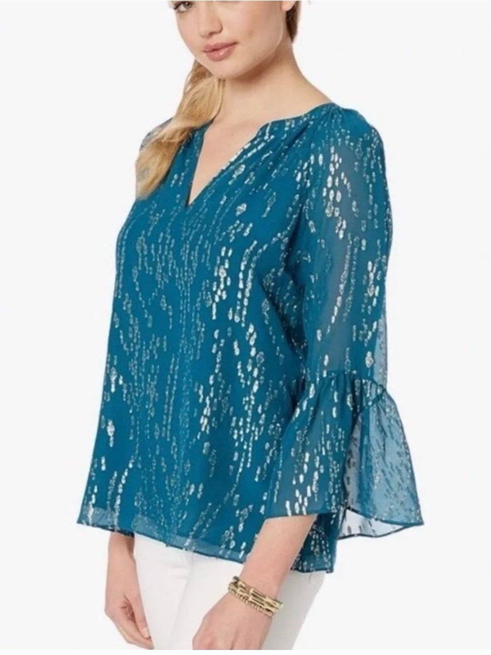 Lilly Pulitzer Teal Metallic-Print Bell Sleeve Blouse